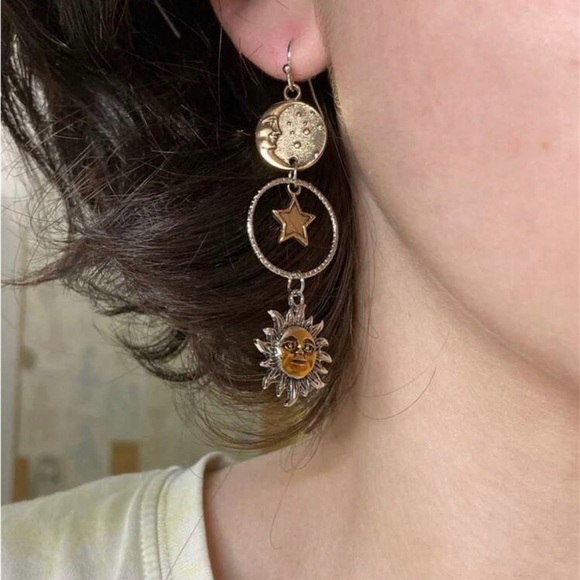 Bronze Moon Sun Asymmetrical Earrings - Picture 3 of 14